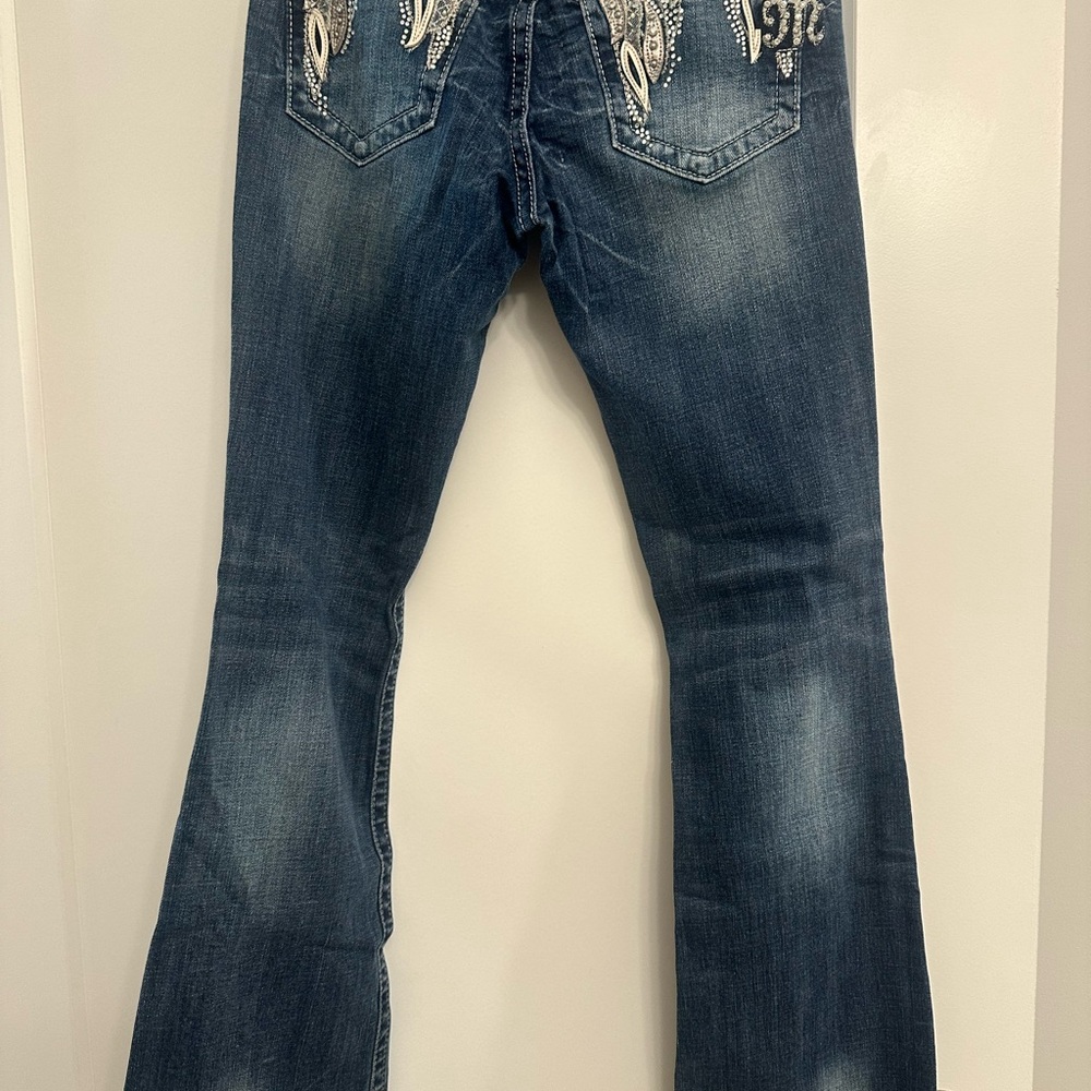Miss Me Dark Blue Flare Jeans with Embellished Pockets. Barely worn.
